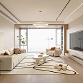 Modern Living Room Interior With Beige Sofa Coffee Table TV Wall Chandelier And Area Rug