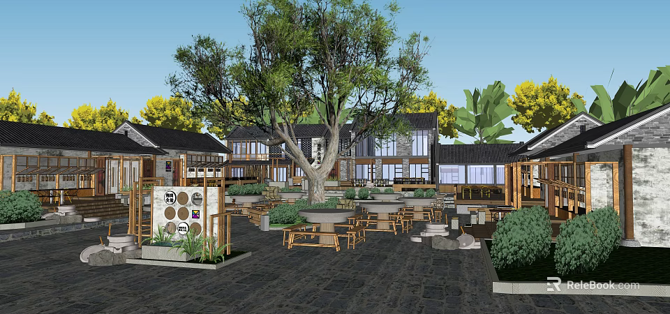 Traditional Courtyard Restaurant With Large Tree Wooden Tables And Green Plants 3d model 