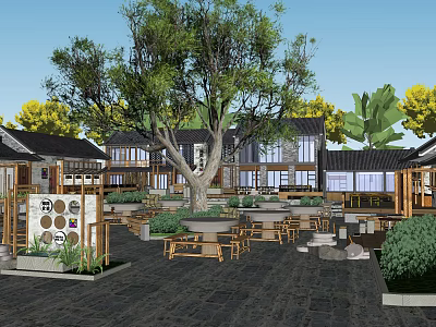Traditional Courtyard Restaurant With Large Tree Wooden Tables And Green Plants 3d model