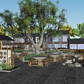 Traditional Courtyard Restaurant With Large Tree Wooden Tables And Green Plants