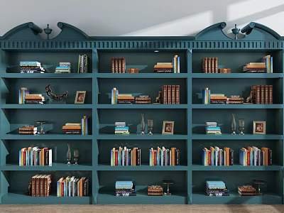 Stylish Dark Green Bookcase With Arched Top Multiple Shelves Books And Decorative Items 3d model