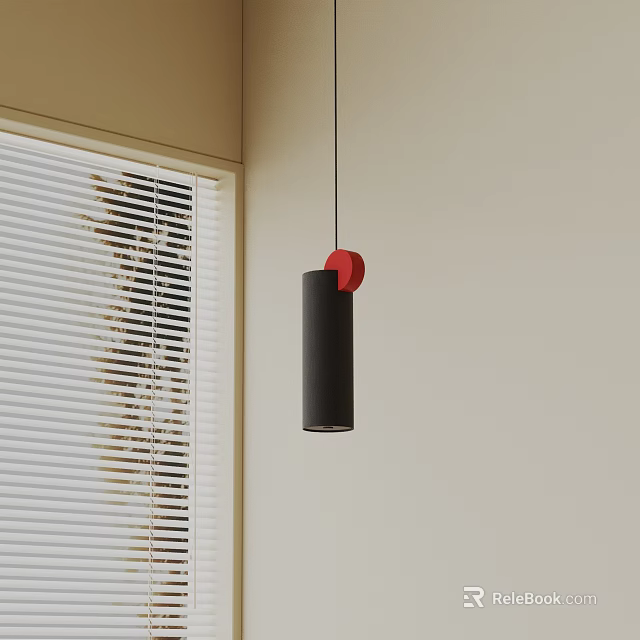 Black Cylindrical Pendant Light With Red Top Over Light Colored Wall And Window Blinds 3d model