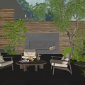 Modern Courtyard Garden Design With Wooden Walls Fireplace Chairs Round Coffee Table And Green Trees