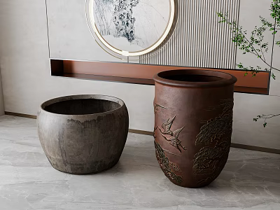 Traditional Carved Ceramic Vessels In Modern Interior With Wall Art And Green Plants 3d model