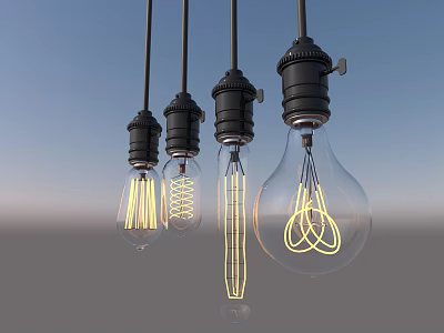 Modern Pendant Lights With Four Different Transparent Glass Bulbs Black Sockets And Yellow Filaments 3d model