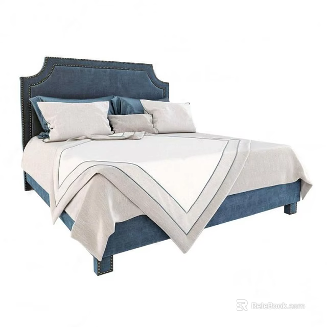 Dark Blue Upholstered Double Bed With Button Tufted Headboard Light Pillows White Bedspread Beige Blanket 3d model