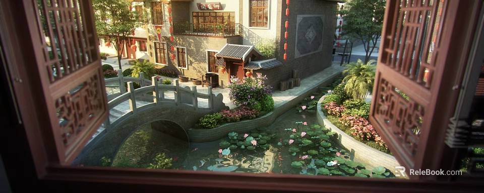 Ancient Architecture Courtyard With Stone Bridge Lotus Pond And Green Plants 3d model 