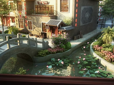 Ancient Architecture Courtyard With Stone Bridge Lotus Pond And Green Plants 3d model