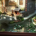 Ancient Architecture Courtyard With Stone Bridge Lotus Pond And Green Plants
