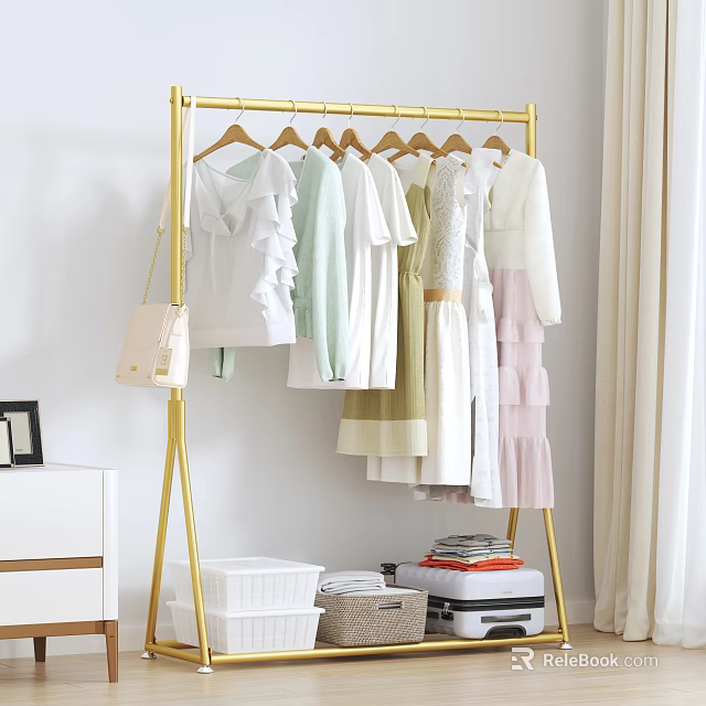Golden Clothes Rack Holding Light Colored Clothes Beige Bag White Drawer Cabinet And Storage Baskets 3d model 