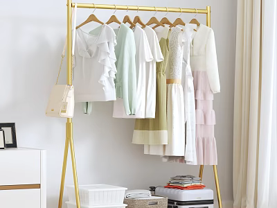 Golden Clothes Rack Holding Light Colored Clothes Beige Bag White Drawer Cabinet And Storage Baskets 3d model