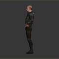 Man In Black Leather Jacket Red T-Shirt White Logo Brown Pants Black Boots Arms Outstretched