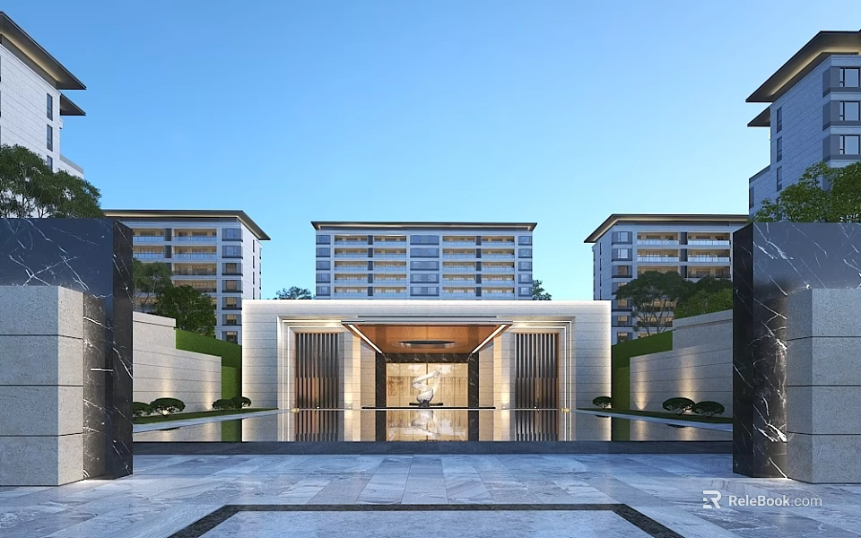 Modern Residential Entrance Gate With Symmetrical Design Marble Elements Water Feature And High Rise Buildings 3d model 