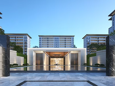 Modern Residential Entrance Gate With Symmetrical Design Marble Elements Water Feature And High Rise Buildings 3d model