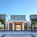 Modern Residential Entrance Gate With Symmetrical Design Marble Elements Water Feature And High Rise Buildings