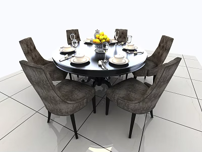Elegant Round Black Dining Table Set With Gray Chairs And Fruits Tableware 3d model