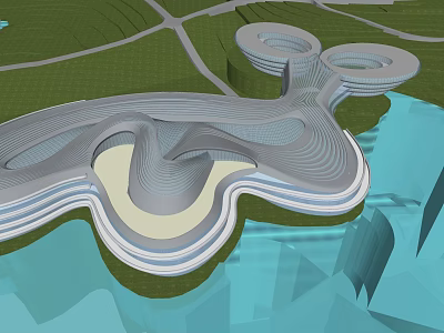 Modern Curved Architectural Design With Multiple Circular Structures Waterfront And Green Space 3d model