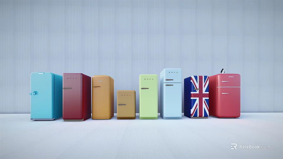 Vintage Colored Refrigerators Displaying Blue Red Yellow Green and Union Jack Patterns 3d model 