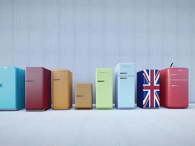 Vintage Colored Refrigerators Displaying Blue Red Yellow Green and Union Jack Patterns 3d model