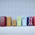 Vintage Colored Refrigerators Displaying Blue Red Yellow Green and Union Jack Patterns