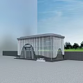Modern Entrance Pavilion with Striped Facade Glass Door and Green Lawn Under Blue Sky