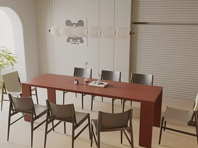 Modern Red Dining Table Set With Gray Chairs Hanging Lamp White Walls And Blinds 3d model