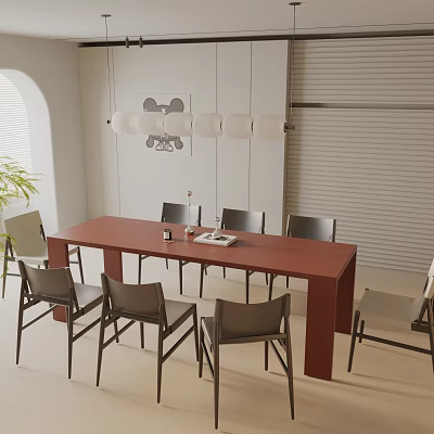 Modern Red Dining Table Set With Gray Chairs Hanging Lamp White Walls And Blinds 3d model
