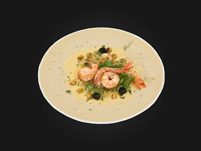 Delicious Shrimp Dish With Creamy Sauce Fresh Herbs And Olives On Ivory Plate 3d model