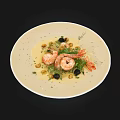 Delicious Shrimp Dish With Creamy Sauce Fresh Herbs And Olives On Ivory Plate