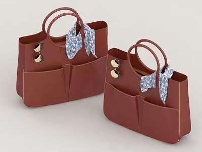 Brown Leather Handbags with Blue Patterned Scarves Gold Metal Decorations and Front Pockets 3d model