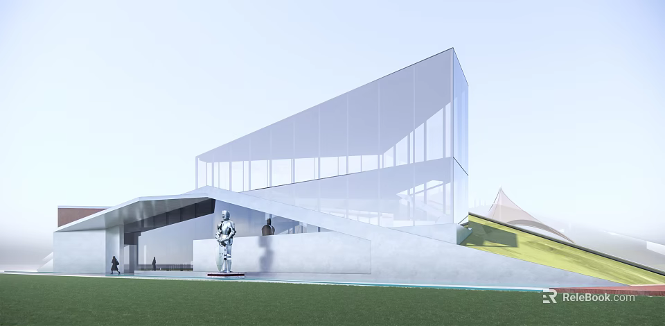 Modern Glass Building With Sloped Roof Lawn Front And Sculpture Outdoor View 3d model 