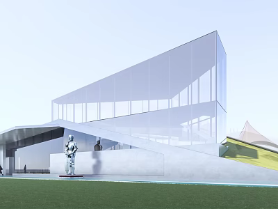 Modern Glass Building With Sloped Roof Lawn Front And Sculpture Outdoor View 3d model
