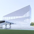 Modern Glass Building With Sloped Roof Lawn Front And Sculpture Outdoor View