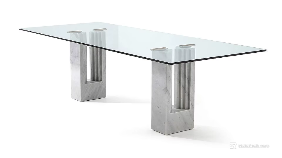 Elegant Modern Dining Table With Transparent Glass Top And Sleek Marble Legs Design 3d model 