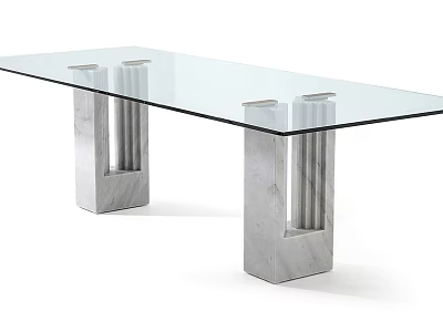 Elegant Modern Dining Table With Transparent Glass Top And Sleek Marble Legs Design 3d model