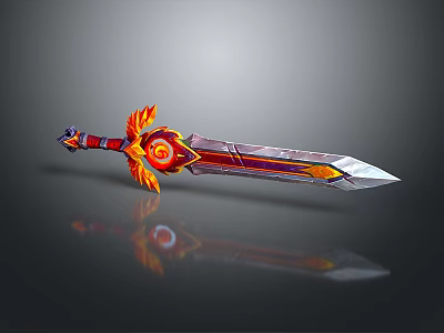 Mythical Sword With Flame Decorative Hilt And Red Orange Reflective Metallic Blade 3d model