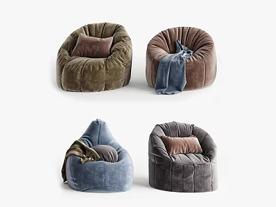 Bean Bag Chairs In Various Colors With Soft Fabric Pillows And Blankets 3d model