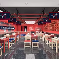 Red Themed Modern Restaurant Interior With Wooden Tables Colorful Stools And Hanging Decorations