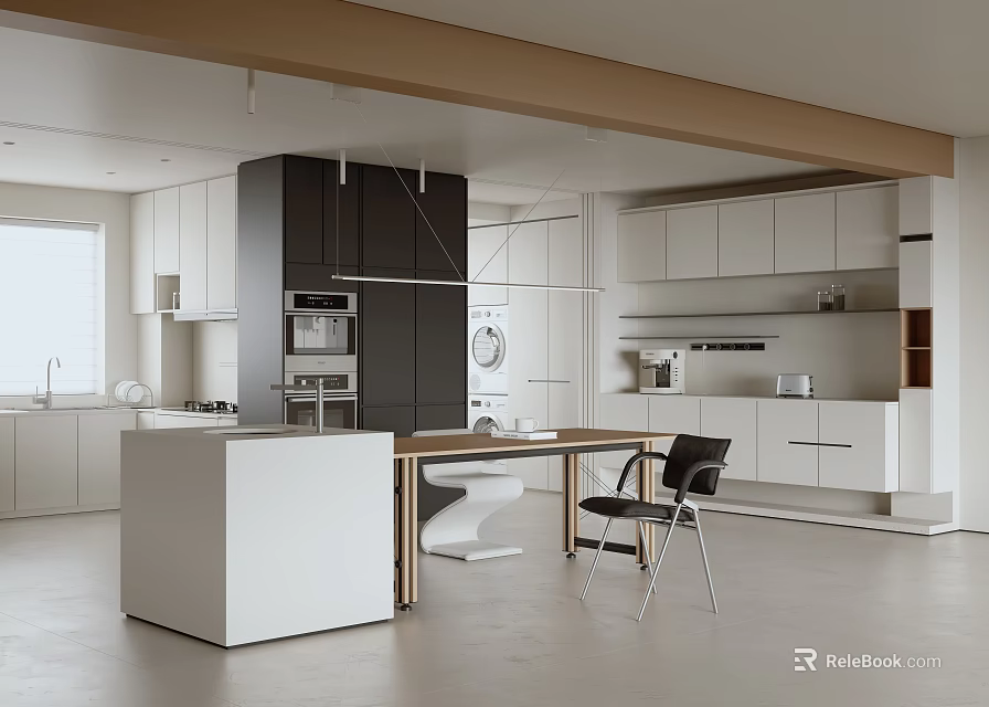 Modern Kitchen Interior Design With Black And White Cabinets Island Counter And Pendant Lights 3d model 