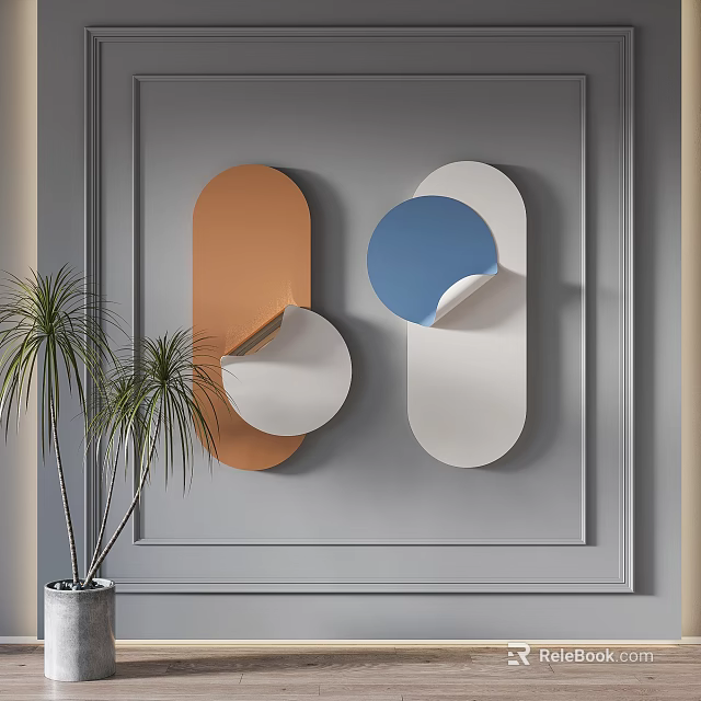 Modern Geometric Wall Decor With Orange Blue And White Shapes And Potted Plant 3d model 
