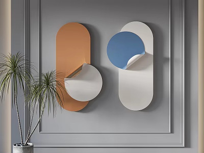 Modern Geometric Wall Decor With Orange Blue And White Shapes And Potted Plant 3d model