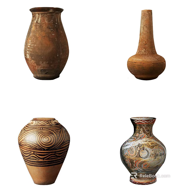 Decorative Handcrafted Ceramic Vessels with Traditional Textured Patterns and Various Shapes 3d model