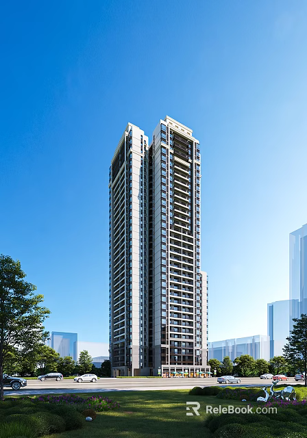 Modern High Rise Residential Building Exterior With Blue Sky And Green Trees 3d model 