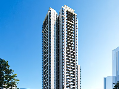 Modern High Rise Residential Building Exterior With Blue Sky And Green Trees 3d model