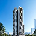 Modern High Rise Residential Building Exterior With Blue Sky And Green Trees