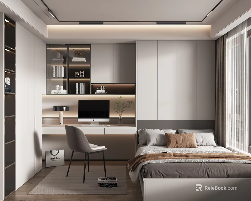Modern Tatami Bedroom Interior With Desk Chair Bookshelf And Storage Cabinets 3d model 
