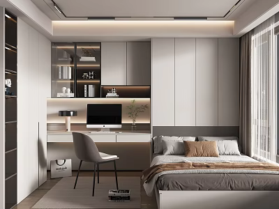 Modern Tatami Bedroom Interior With Desk Chair Bookshelf And Storage Cabinets 3d model