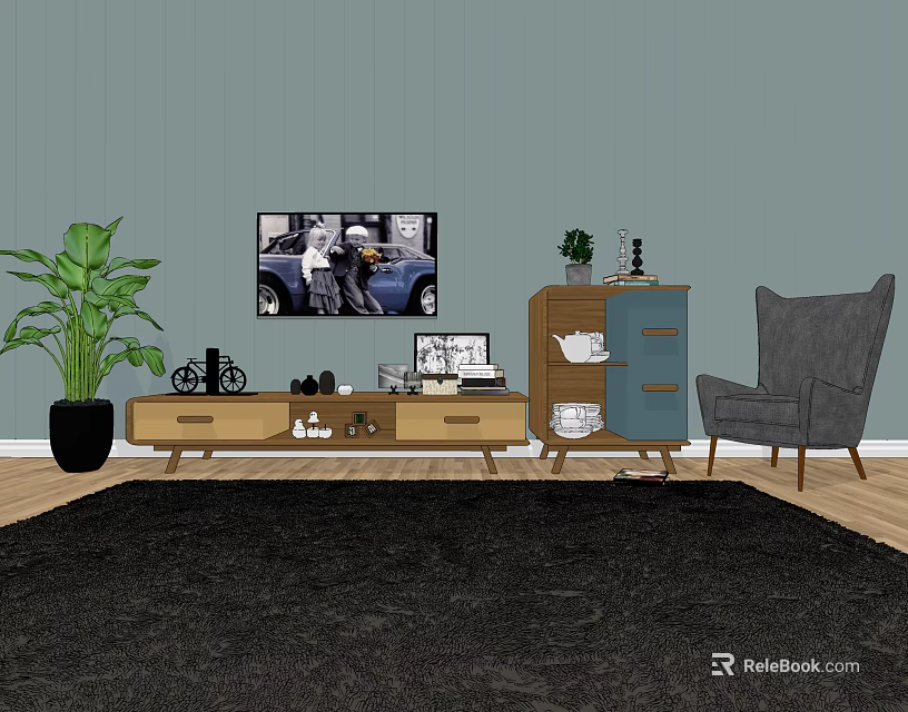 Stylish TV Stand In Living Room With TV Decorations Plant Gray Chair And Blue Cabinet 3d model 