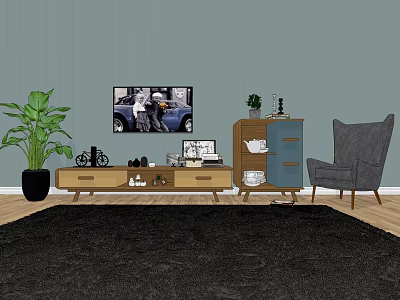 Stylish TV Stand In Living Room With TV Decorations Plant Gray Chair And Blue Cabinet 3d model