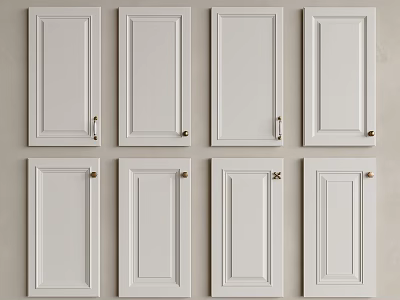 White Cabinet Doors With Various Handles Arranged In Two Rows On Wall 3d model